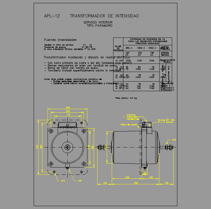 Bloque Autocad Transformador de intensidad APL-12, servicio interior tipo pasamuro, 12KV.